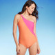 Lands' End Women's UPF 50 Full Coverage Tummy Control One Shoulder One Piece Swimsuit - Pink/Orange M