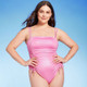 New - Women's Square Neck Shirred Drawstring One Piece Swimsuit - Shade & Shore Pink Shine XS