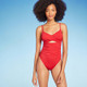 New - Women's Twist Detail Underwire Extra Cheeky High Leg One Piece Swimsuit - Shade & Shore Red 34D