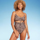 New - Women's Cut Out Tunneled Tie Front High Leg One Piece Swimsuit - Shade & Shore Multi Animal Print M
