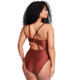 New - Women's Asymmetrical Metallic Cut Out High Leg Cheeky One Piece Swimsuit- Fe Noel Bronze XS