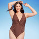New - Women's Twist-Front Plunge One Piece Swimsuit - Shade & Shore Brown M