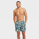 Men's 7" Leaf Print Swim Shorts with Boxer Brief Liner - Goodfellow & Co Navy Blue S