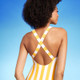 Women's Striped Scoop Neck X-Back One Piece Swimsuit - Shade & Shore Yellow L