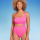 Women's Ribbed One Shoulder Cut Out One Piece Swimsuit - Shade & Shore Hot Pink XS