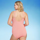 Women's Full Coverage Pucker Textured Square Neck One Piece Swimsuit - Kona Sol Coral Pink M