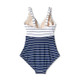 Women's Striped V-Neck Full Coverage One Piece Swimsuit - Kona Sol Navy Blue L