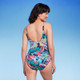 Women's UPF 50 Shirred V-Neck One Piece Swimsuit - Aqua Green Multi Tropical Print XL