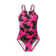 Women's High Neck Keyhole One Piece Swimsuit - Aqua Green Pink Floral Print L
