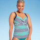 Lands' End Women's UPF 50 Shirring Striped Underwire Wrap Tankini Top - Green/Navy Blue 12