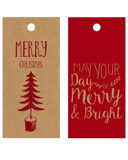 Gift Tags Tree/Merry Bright Red On Kraft Set