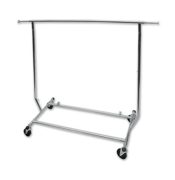 Single bar chrome collapsible travellers rack on wheels. 
Great versatile rack that can be used out the front of your store as a sales rack or inside your store as something more permanent.
Easy to assemble and folds flat for storage. Extends in height from 1280mm to 1800mm and has extentions at either end to give 1870mm total in length. Available in single or double.