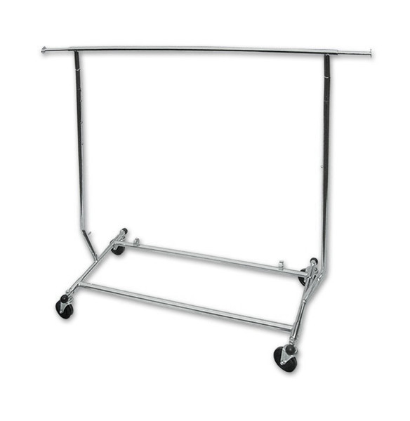 Single bar chrome collapsible travellers rack on wheels. 
Great versatile rack that can be used out the front of your store as a sales rack or inside your store as something more permanent.
Easy to assemble and folds flat for storage. Extends in height from 1280mm to 1800mm and has extentions at either end to give 1870mm total in length. Available in single or double.