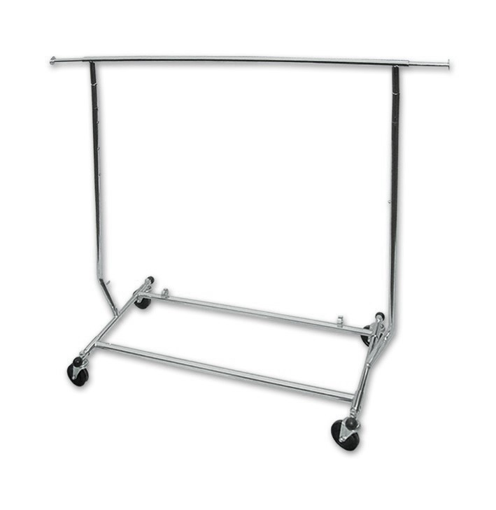 Single bar chrome collapsible travellers rack on wheels. 
Great versatile rack that can be used out the front of your store as a sales rack or inside your store as something more permanent.
Easy to assemble and folds flat for storage. Extends in height from 1280mm to 1800mm and has extentions at either end to give 1870mm total in length. Available in single or double.