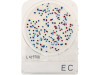 Top-down view of a CompactDry E. coli test plate with numerous blue and magenta colonies on a white circular medium.