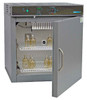 Grey Shel Lab refrigerated incubator with open door revealing two shelves holding glass bottles.