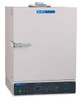 Off-white lab oven with digital control panel, front door, and metal handle, angled slightly left.