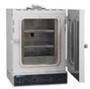 Front view of white Shel Lab forced-air laboratory oven with open door, showing metal interior and control panel.