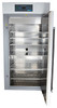 Front view of a gray industrial laboratory oven with the door open, revealing stainless steel interior shelves and a digital