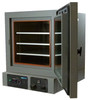 Sheldon Manufacturing vacuum oven with open glass door, three white shelves, and digital control panel.