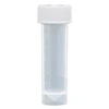 Clear plastic 5mL transport tube with white screw cap and molded graduations, upright.