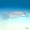 A sterile 96-well V-bottom microtest plate individually wrapped in clear plastic on a blue gradient background.
