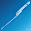 Clear polyethylene transfer pipet with exact volume bulbs, shown at an angle against a blue background.