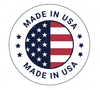 Circular "Made in USA" stamp with a split American flag graphic and dark blue text.
