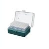 Open teal and clear plastic rack filled with graduated pipette tips.