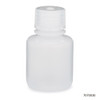 Translucent narrow-mouth plastic bottle with a ribbed screw cap, viewed straight-on.