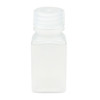 Clear plastic square laboratory bottle with wide mouth and ribbed screw cap.