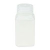 A translucent square polypropylene laboratory bottle with a white screw cap, shown straight-on.