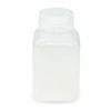 Translucent square plastic laboratory bottle with wide mouth and ribbed screw cap.
