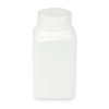 White square plastic lab bottle with wide mouth and ribbed screw cap.
