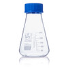 Globe Glass 250mL clear Erlenmeyer flask with blue screw cap and white volume graduations.