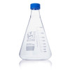 A 2000mL glass Erlenmeyer flask with a blue screw cap and white volume graduations.