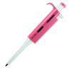 Pink and white Globe Scientific adjustable micropipette at an angle showing the 0.1-2.5 uL volume window.
