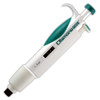 Light green and white adjustable volume 1-5ml Diamond PRO micropipette viewed at an angle.