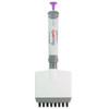 Front view of a white and gray 8-channel adjustable volume pipette with a lavender plunger.
