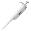 Globe Scientific white adjustable-volume pipette with a light-green plunger and tip ejector.