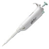 A white Globe Scientific adjustable pipette viewed at an angle on a white background.