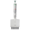 Globe Scientific white 8-channel adjustable volume pipette (0.5-10uL) with green plunger button.