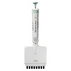 Globe Scientific Diamond PosiStop 8-channel adjustable volume pipette in white with green accents, 10-100uL.