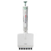 White Globe Scientific 8-channel adjustable pipette with green plunger, 5-50uL.