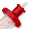 Red plastic adapter attached to a clear, graduated 25ml dispenser syringe tip.