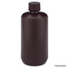 Amber narrow-mouth plastic bottle with ribbed screw cap against a white background.