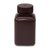 Amber square plastic wide mouth laboratory bottle with matching screw cap, upright view.
