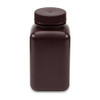 Brown amber square plastic wide-mouth laboratory bottle with a threaded screw cap viewed from the front.