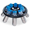 Aluminum alloy centrifuge rotor with 8-place 50mL tubes and blue caps.