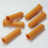 Six orange plastic tube adaptors scattered on a white surface, each featuring a flanged open end and a closed rounded tip.